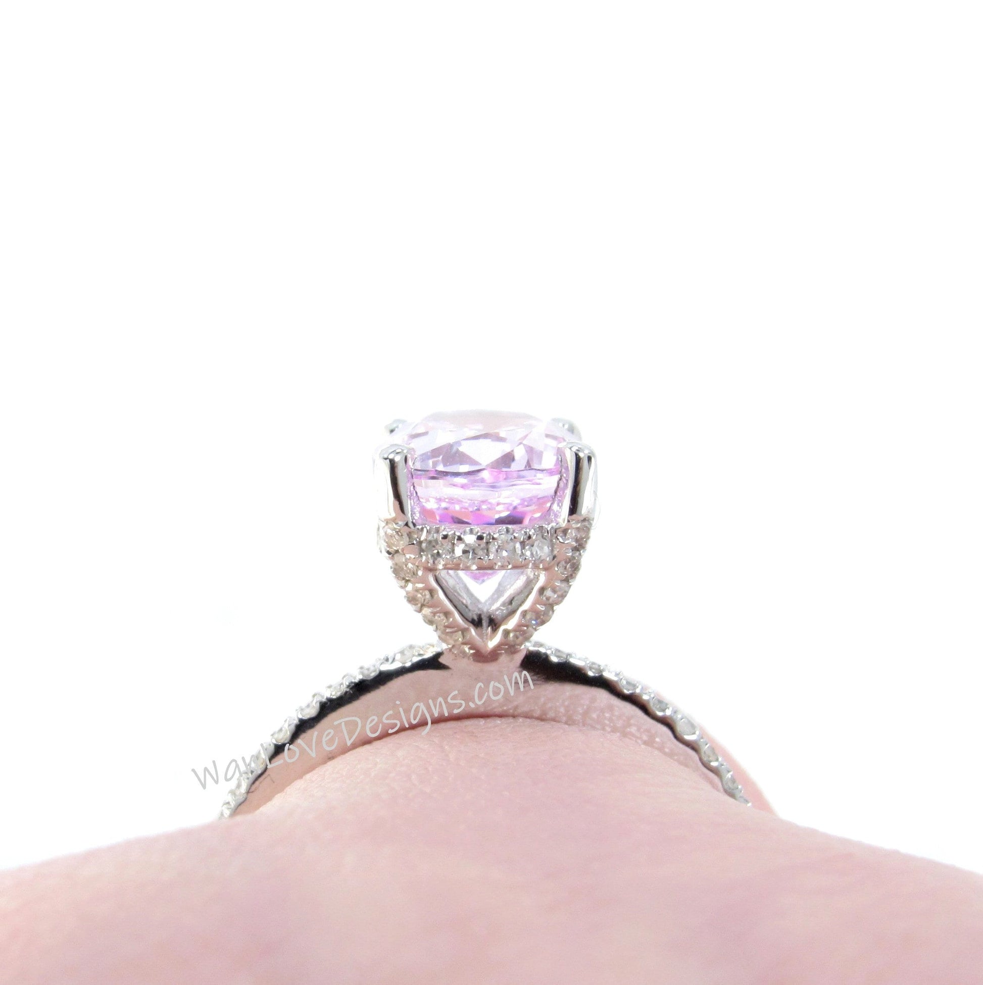 Light Pink Sapphire & Diamond Side Halo Oval Engagement Ring, Basket prongs, 3.5ct 10x7mm, White Gold Custom Wedding-Ready to Ship Wan Love Designs