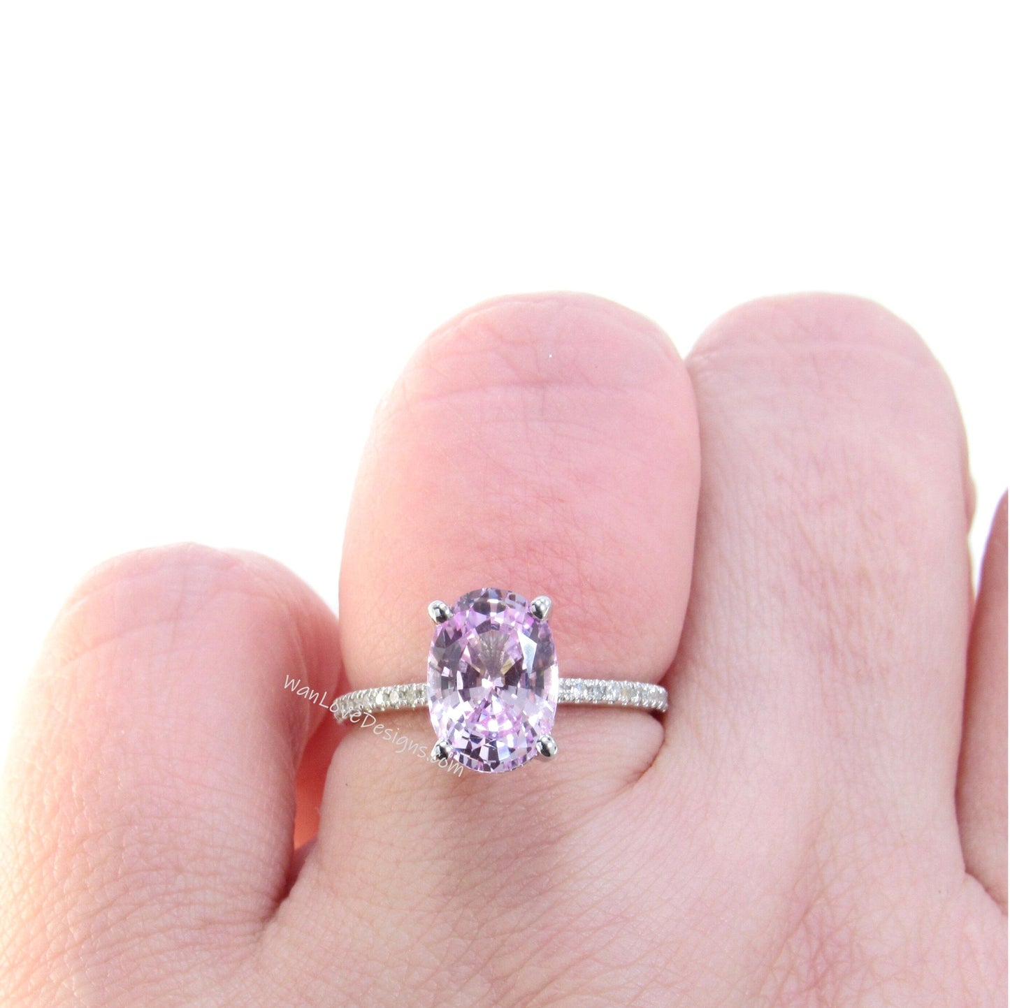 Light Pink Sapphire & Diamond Side Halo Oval Engagement Ring, Basket prongs, 3.5ct 10x7mm, White Gold Custom Wedding-Ready to Ship Wan Love Designs