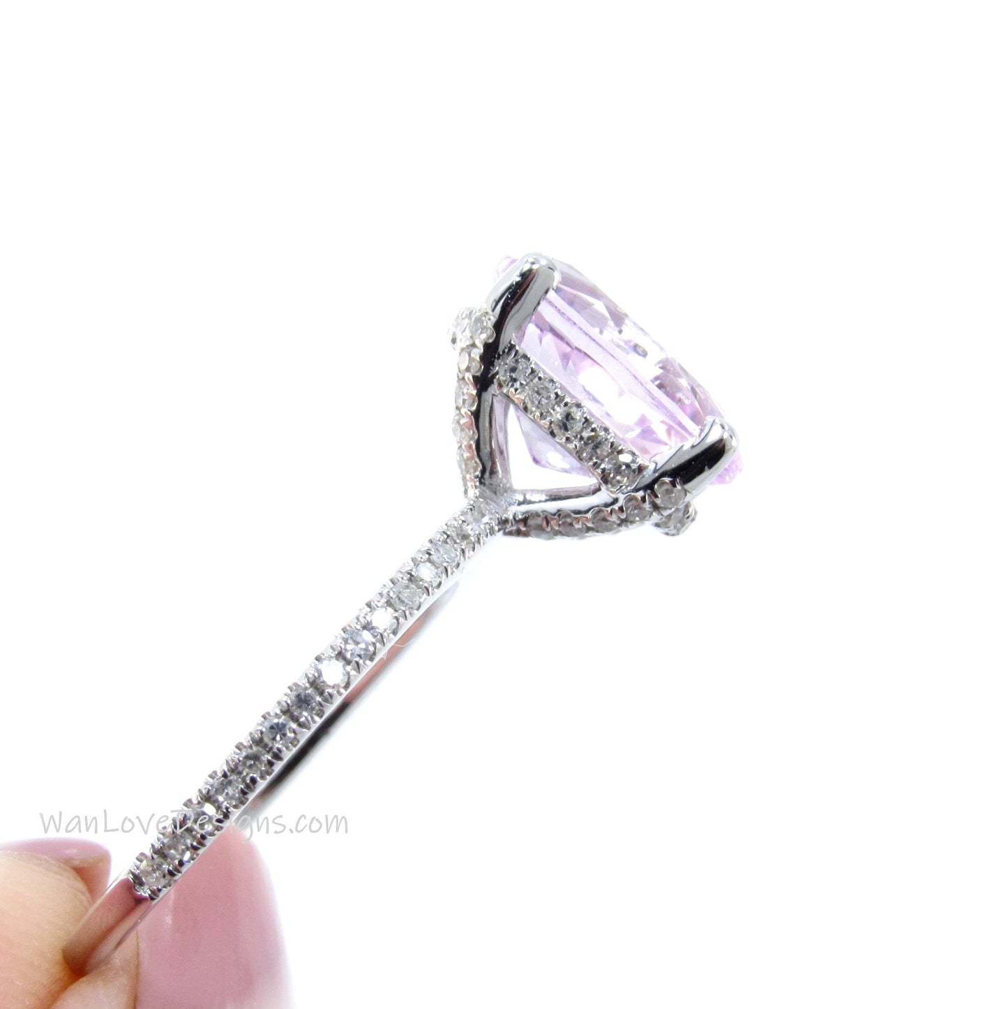 Light Pink Sapphire & Diamond Side Halo Oval Engagement Ring, Basket prongs, 3.5ct 10x7mm, White Gold Custom Wedding-Ready to Ship Wan Love Designs