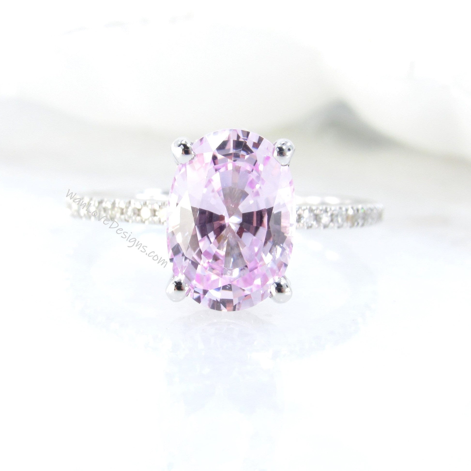 Light Pink Sapphire & Diamond Side Halo Oval Engagement Ring, Basket prongs, 3.5ct 10x7mm, White Gold Custom Wedding-Ready to Ship Wan Love Designs