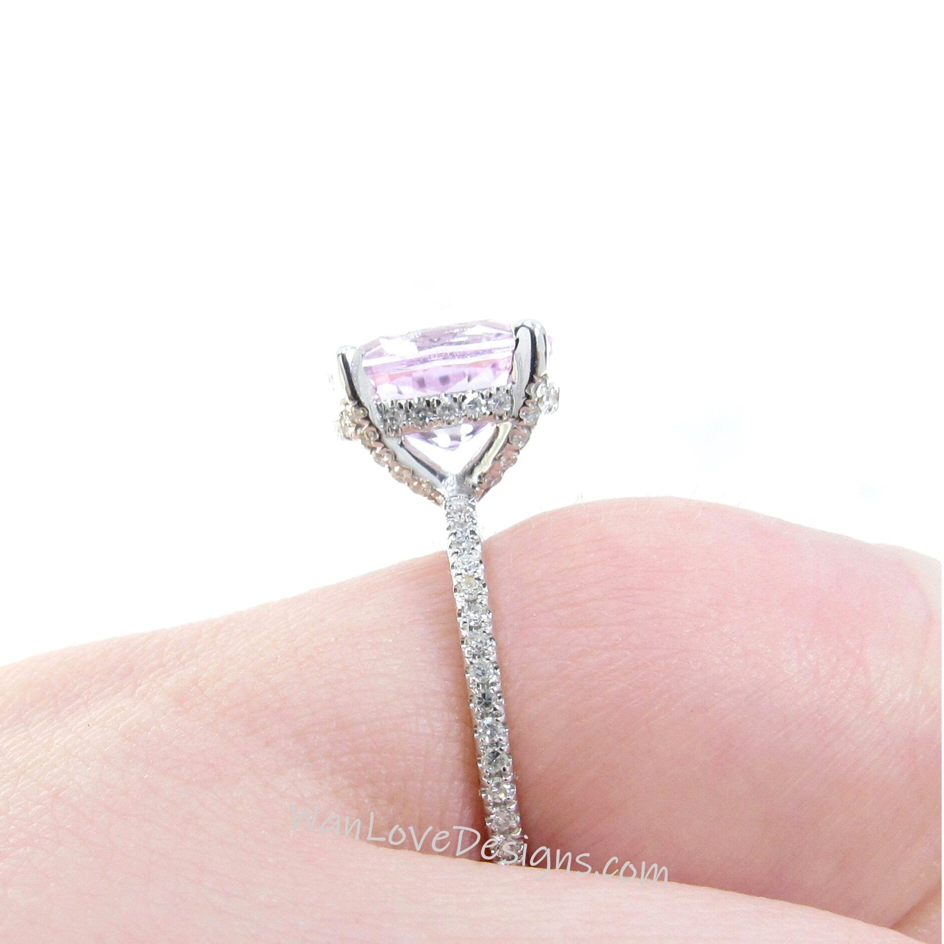 Light Pink Sapphire & Diamond Side Halo Oval Engagement Ring, Basket prongs, 3.5ct 10x7mm, White Gold Custom Wedding-Ready to Ship Wan Love Designs