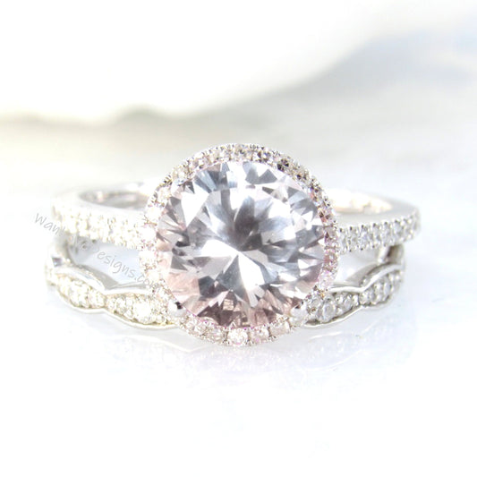 Light Pink Sapphire Diamonds Art Deco Scalloped Round Halo Wedding Set Rings 14kt Rose Gold,WanLoveDesigns Wan Love Designs