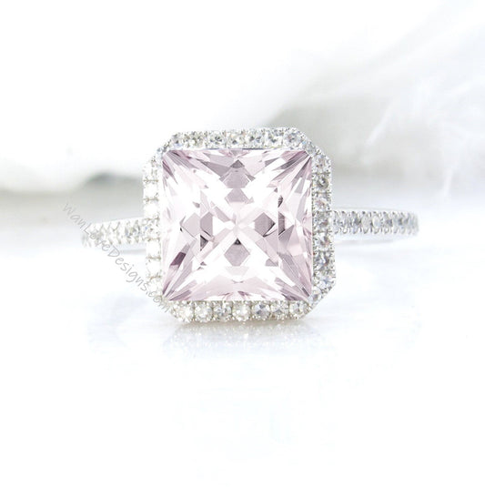 Light Pink Sapphire & Diamonds Asscher Halo Engagement Ring Floating Halo Square Cathedral, Custom, 14k 18k White Rose Yelow Gold Wan Love Designs