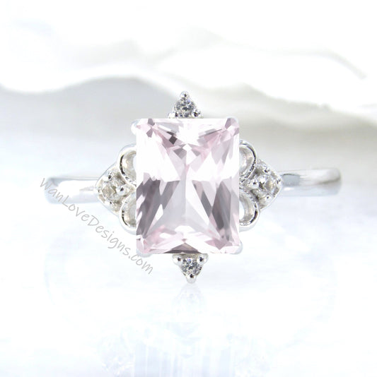 Light Pink Sapphire & Diamonds Dainty Emerald Art Deco Ornate Engagement Ring, 14kt 18kt Gold-Platinum-Wedding-Anniversary, WanLoveDesigns Wan Love Designs