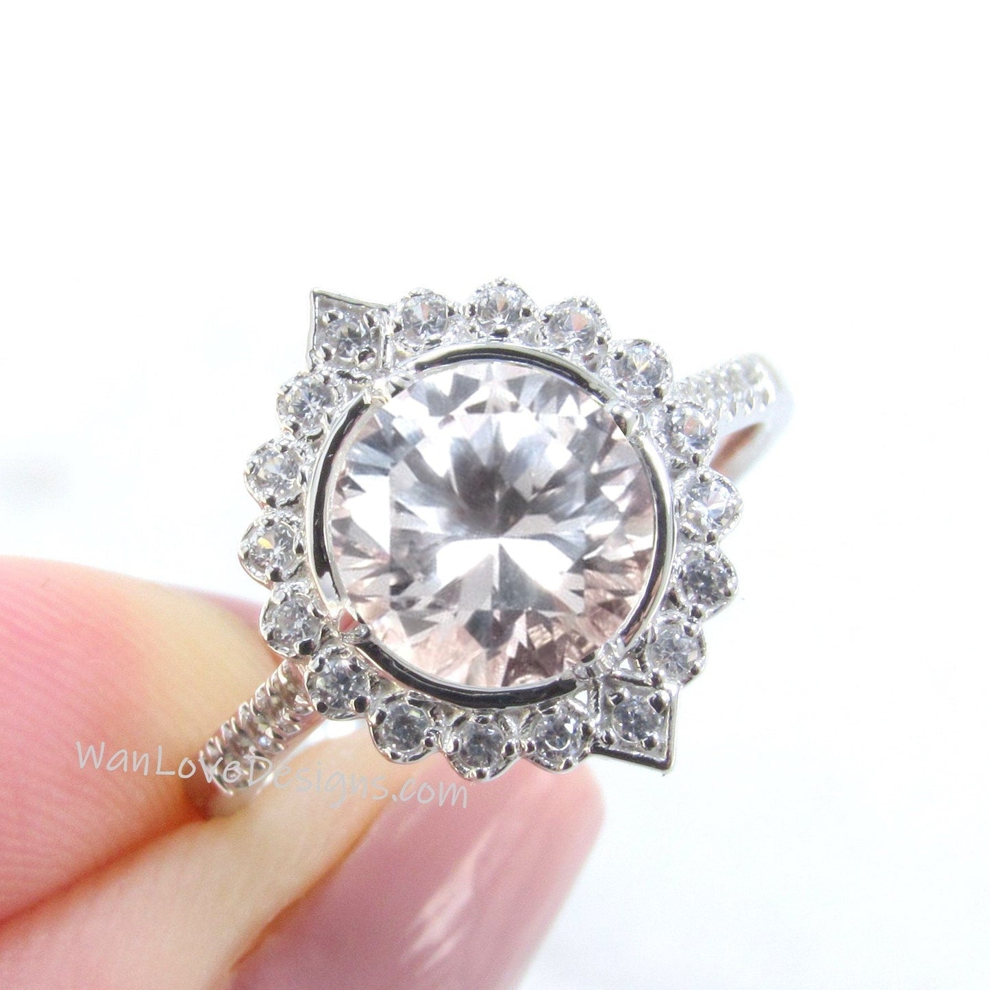 Light Pink Sapphire & Diamonds Geometric Halo Engagement Ring Round, Custom,14k 18k White Yellow Rose Gold-Platinum-Wedding,Anniversary Wan Love Designs