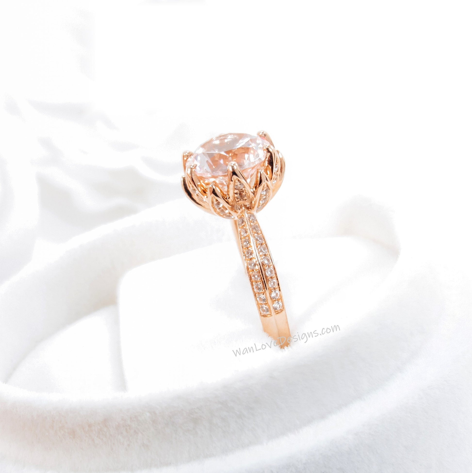 Light Pink Sapphire & Diamonds Lotus Flower Round Engagement Rin 14k 18k White Yellow Rose Gold-Platinum-Custom-Wedding Wan Love Designs