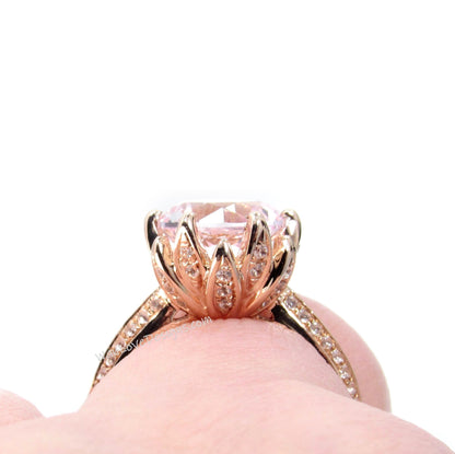 Light Pink Sapphire & Diamonds Lotus Flower Round Engagement Rin 14k 18k White Yellow Rose Gold-Platinum-Custom-Wedding Wan Love Designs