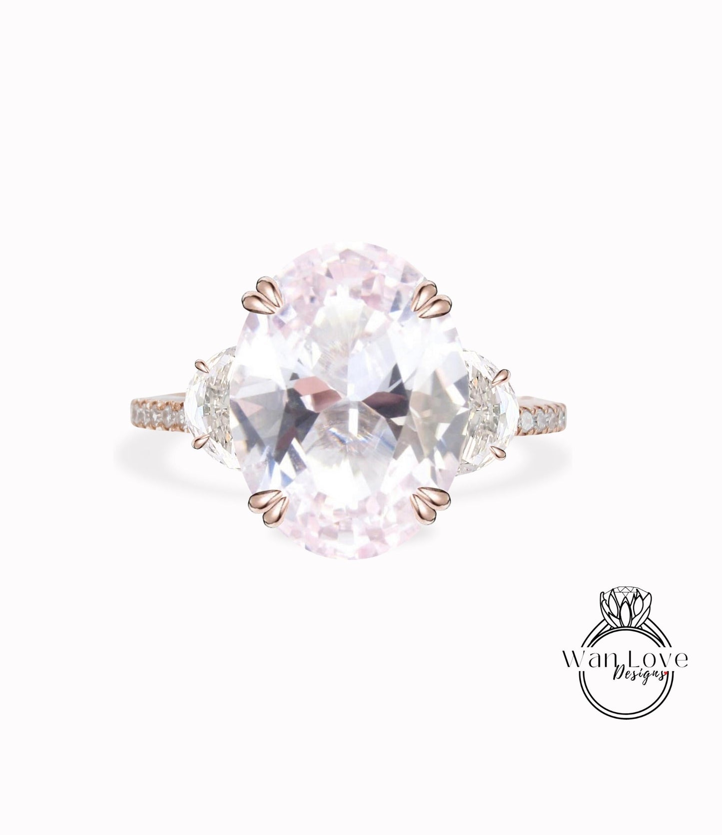 Light Pink Sapphire Diamonds & Moissanite Engagement Ring Oval Cushion Half Moon 3 Gem Stone 14k 18k White Yellow Rose Gold,Platinum,Custom Wan Love Designs