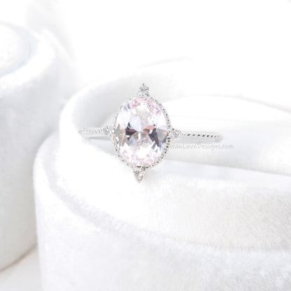 Light Pink Sapphire & Diamonds Oval Milgrain Engagement Ring, 14k 18k Gold,Platinum, Custom, Wedding, North Star, WanLoveDesigns Wan Love Designs