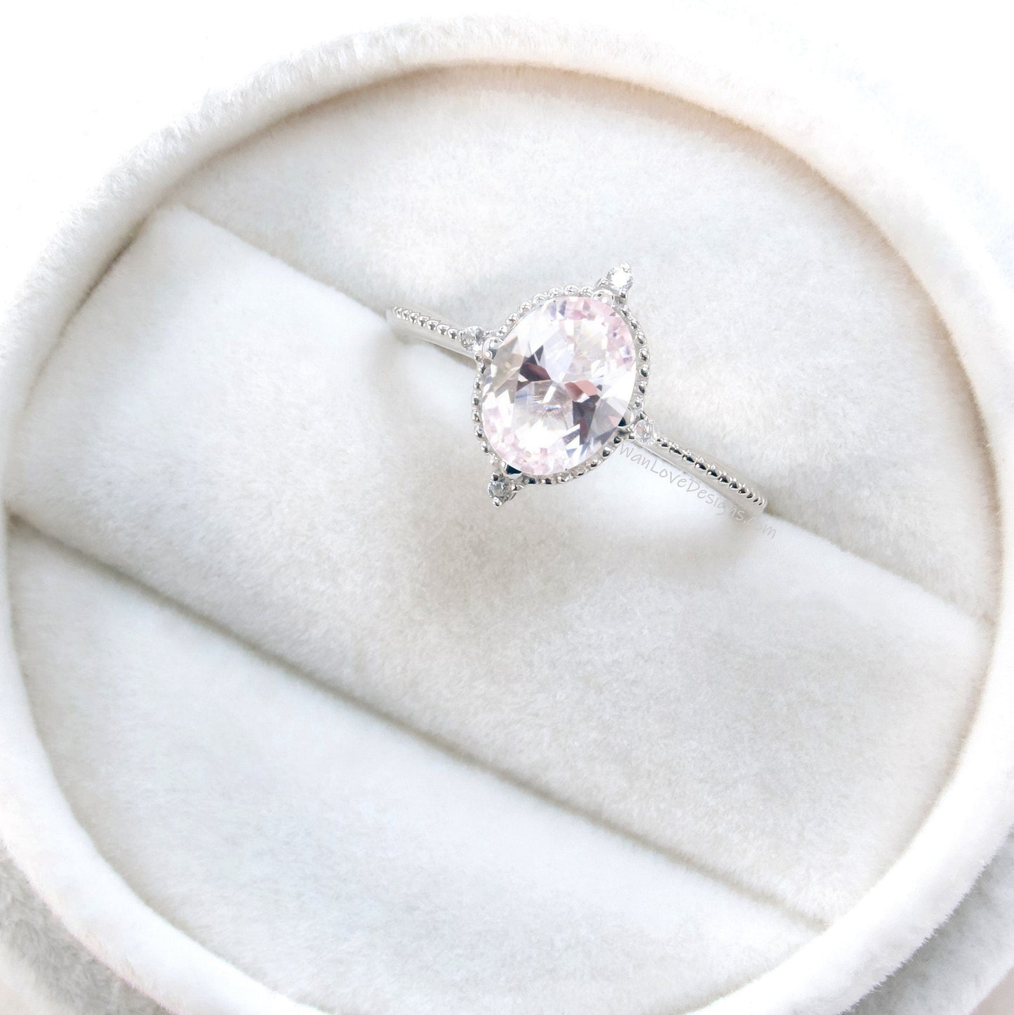 Light Pink Sapphire & Diamonds Oval Milgrain Engagement Ring, 14k 18k Gold,Platinum, Custom, Wedding, North Star, WanLoveDesigns Wan Love Designs