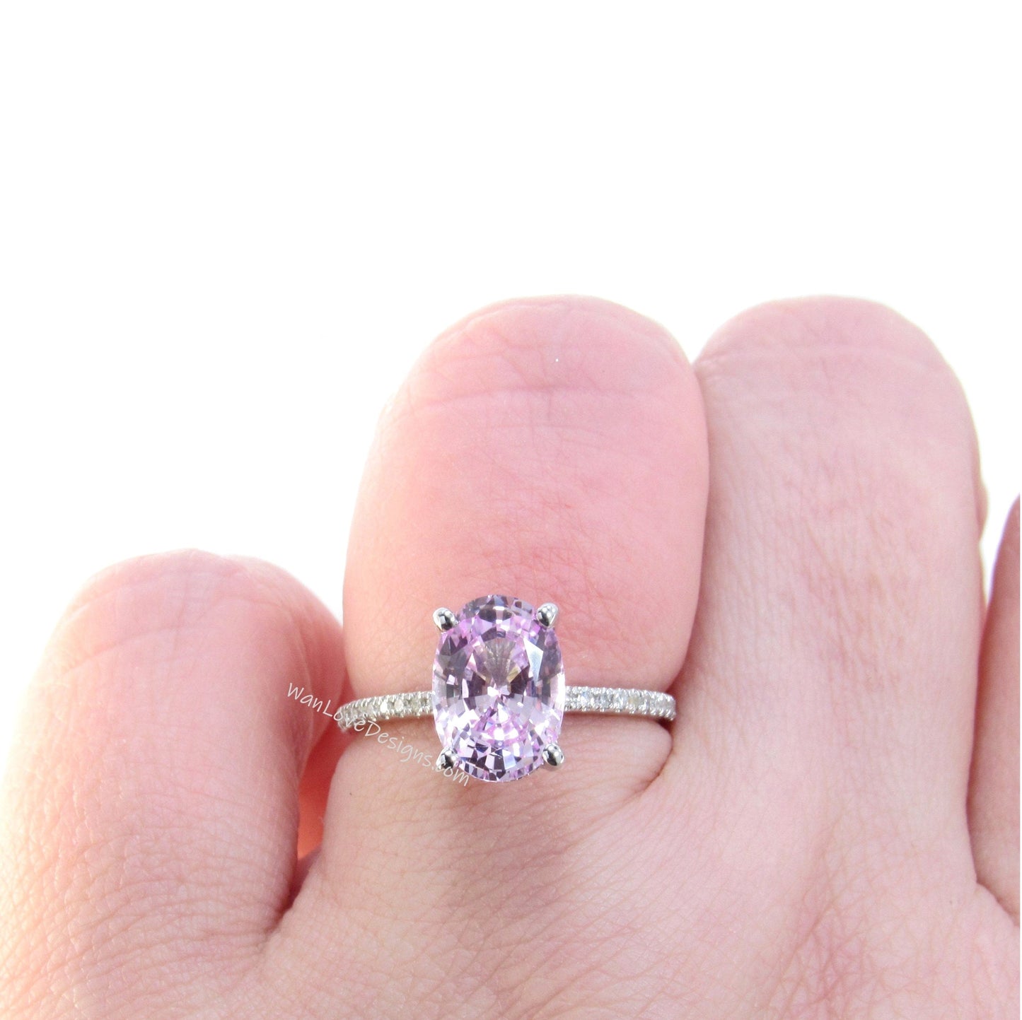 Light Pink Sapphire & Diamonds Side Halo Oval Engagement Ring, Basket, prongs, 14k,18k,White,Yellow,Rose Gold,Platinum,Custom,Wedding Wan Love Designs