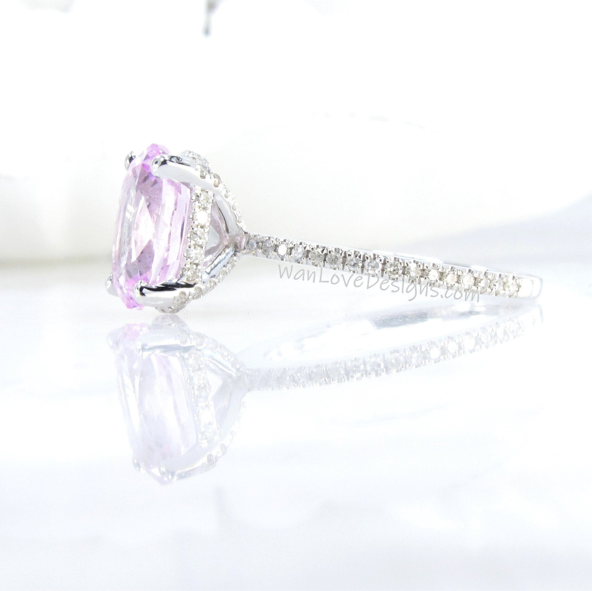 Light Pink Sapphire & Diamonds Side Halo Oval Engagement Ring, Basket, prongs, 14k,18k,White,Yellow,Rose Gold,Platinum,Custom,Wedding Wan Love Designs