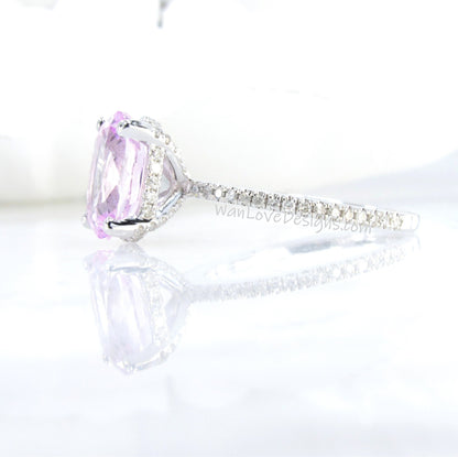 Light Pink Sapphire & Diamonds Side Halo Oval Engagement Ring, Basket, prongs, 14k,18k,White,Yellow,Rose Gold,Platinum,Custom,Wedding Wan Love Designs