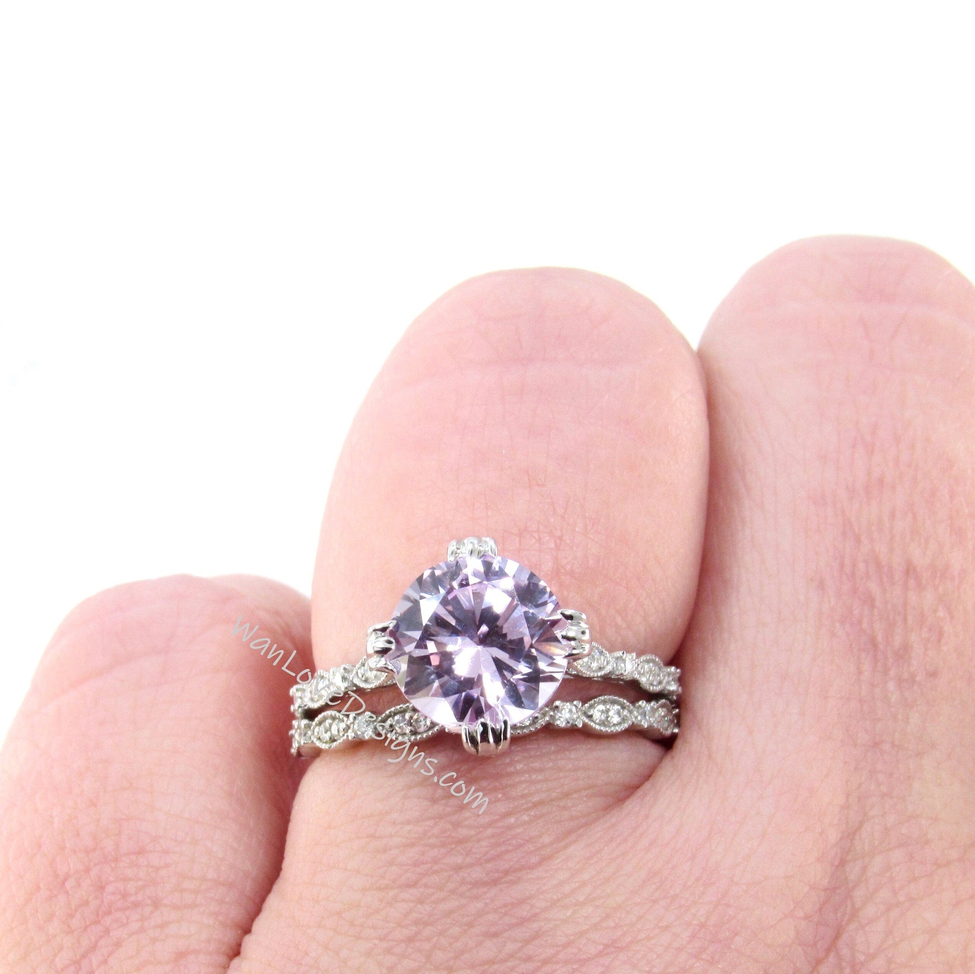 Light Pink Sapphire Milgrain Leaf 3/4 Eternity Round Bezel Leaf Engagement Ring set, Wedding Band, 2ct 8mm Anniversary Gift-Ready to Ship Wan Love Designs