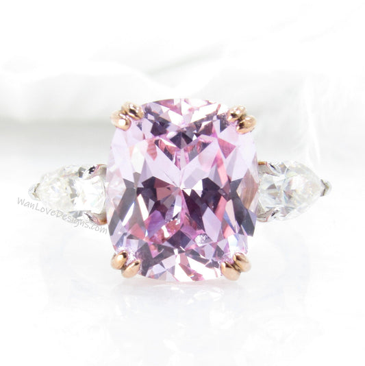 Light Pink Sapphire Moissanite Elongated Cushion Pear Engagement Ring, 3 Gem, 4ct 10x8mm Custom, Anniversary, 14k 18k Gold, Platinum Wan Love Designs