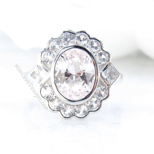 Light Pink Sapphire & Moissanite Oval Semi Bezel Cluster Princess Round Halo Engagement Ring Custom Wedding Jewelry Wan Love Designs