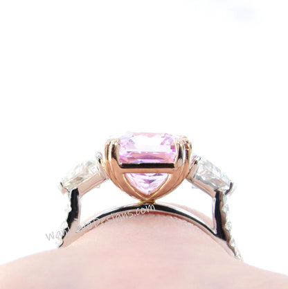 Light Pink Sapphire & Moissanite Radiant Triangle Engagement Ring-4ct 10x8mm-Custom-2 tone Rose White Gold-Wedding-Anniversary-Ready to Ship Wan Love Designs