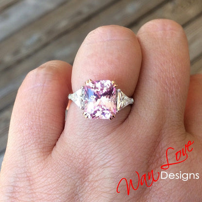 Light Pink Sapphire & Moissanite Radiant Triangle Engagement Ring-4ct 10x8mm-Custom-2 tone Rose White Gold-Wedding-Anniversary-Ready to Ship Wan Love Designs