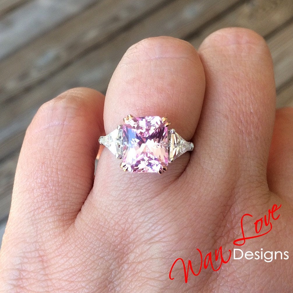 Light Pink Sapphire & Moissanite Radiant Triangle Engagement Ring-4ct 10x8mm-Custom-2 tone Rose White Gold-Wedding-Anniversary-Ready to Ship Wan Love Designs