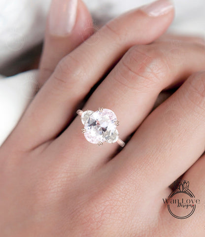 Light Pink Sapphire engagement ring Oval cut half moon Moissanite diamond rose gold art deco diamond three stone ring wedding Bridal Anniversary Wan Love Designs