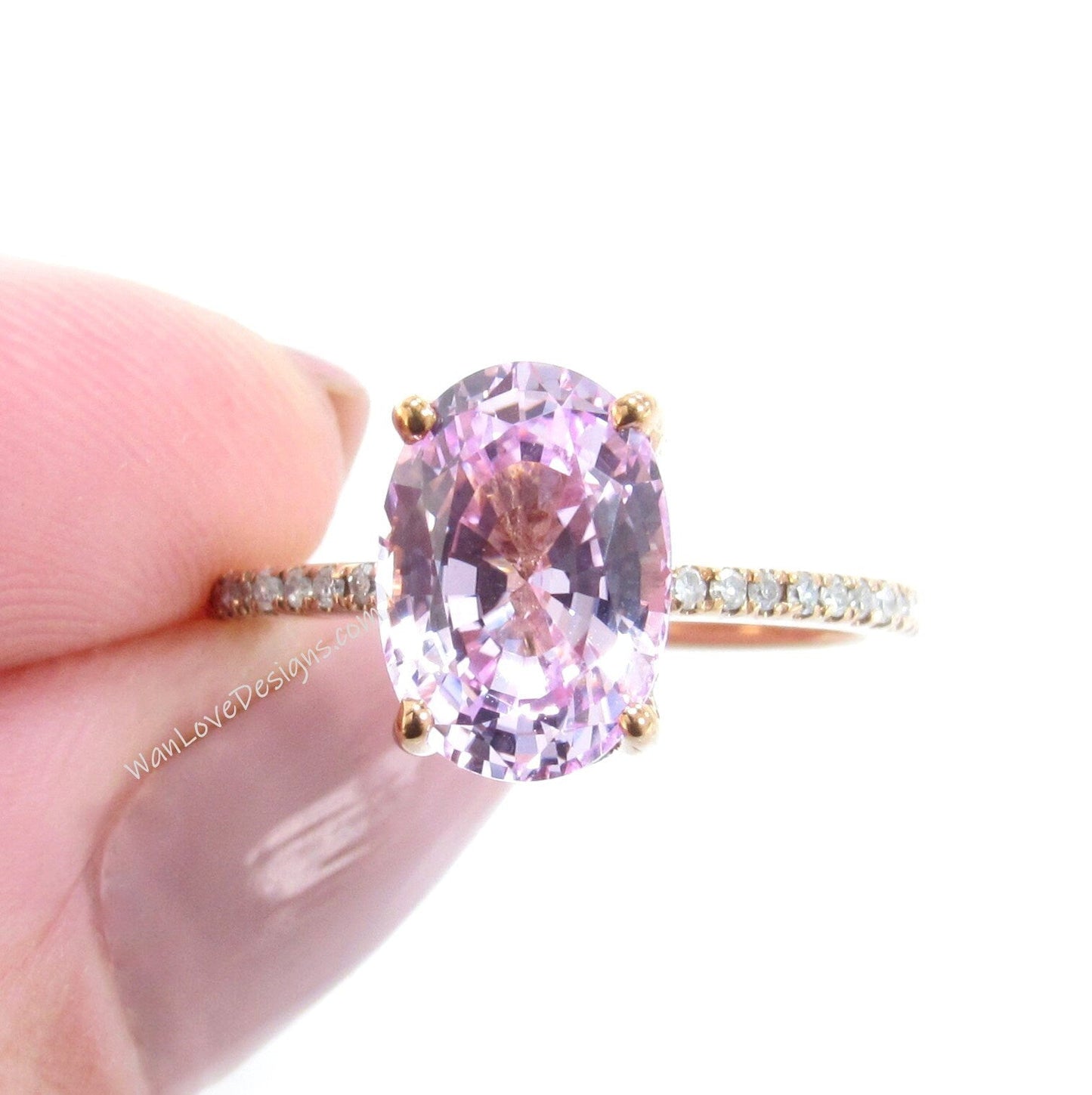 Light Pink Sapphire engagement ring diamond side halo ring 14k white gold diamond hidden halo almost eternity unique Promise Bridal ring Wan Love Designs