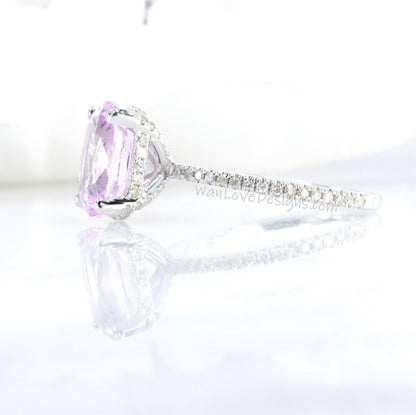 Light Pink Sapphire engagement ring diamond side halo ring 14k white gold diamond hidden halo almost eternity unique Promise Bridal ring Wan Love Designs
