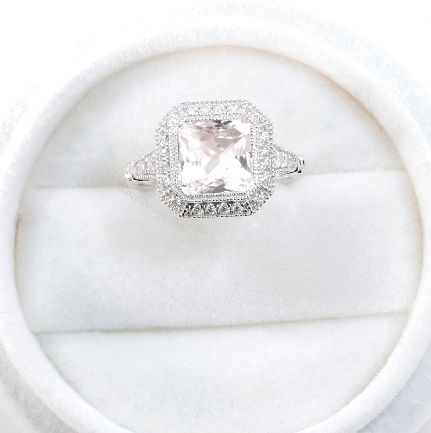 Light Pink Sapphire engagement ring gold vintage Art Deco Bezel Halo engagement ring women Antique diamond Wedding Milgrain Bridal gift Wan Love Designs