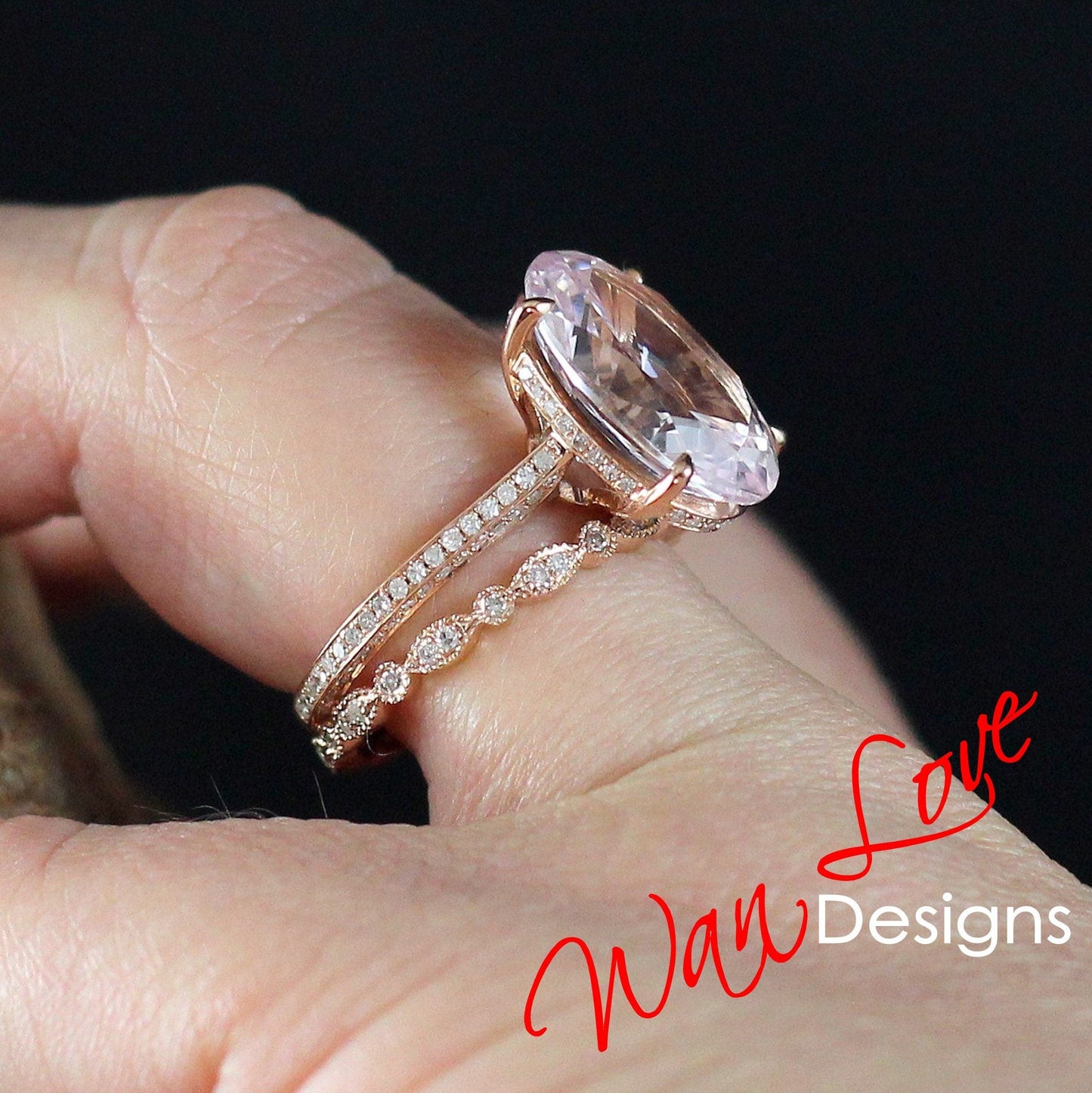 Light Pink Sapphire engagement ring set rose gold Vintage Diamond wedding ring 9ct antique Bridal side halo bridal set Promise Anniversary Wan Love Designs
