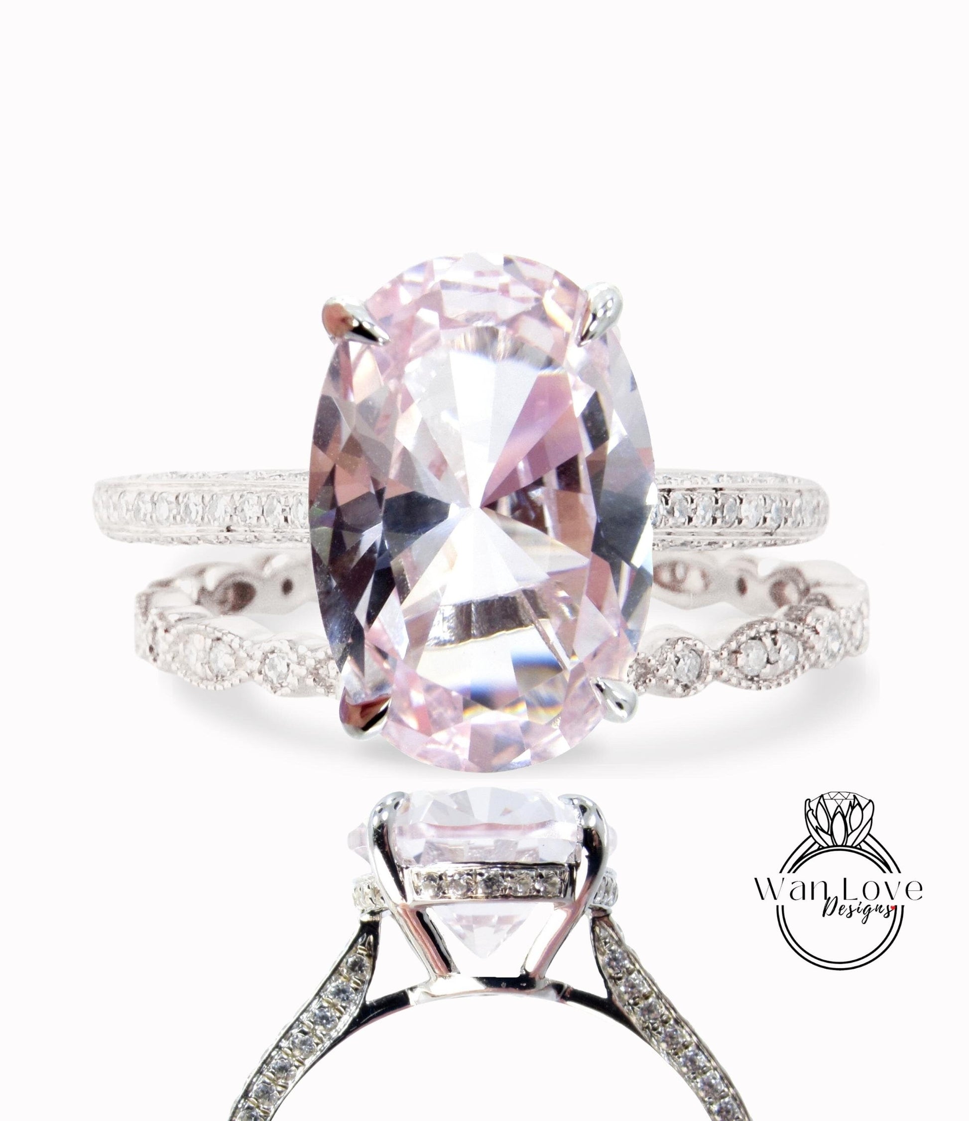 Light Pink Sapphire engagement ring set rose gold Vintage Diamond wedding ring 9ct antique Bridal side halo bridal set Promise Anniversary Wan Love Designs
