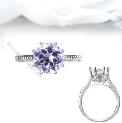 Light Purple Amethyst Diamond Flower 8 Prong Engagement Ring Round Floral Plumeria 14k 18k White Yellow Rose Gold Platinum, Anniversary Gift Wan Love Designs
