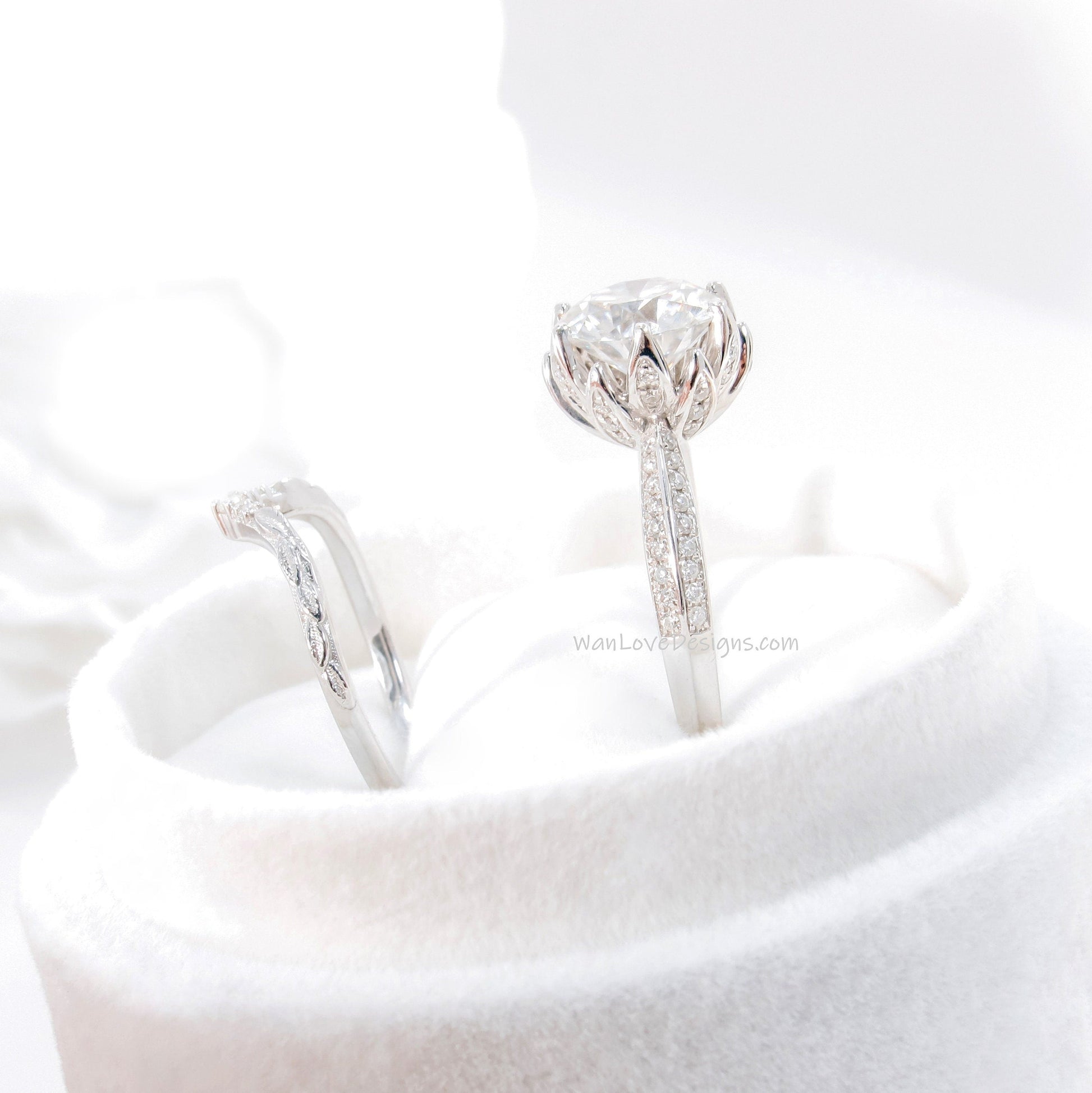 Lotus | 14K Gold Diamond Lotus Ring Set | Alexandrite 14k Gold Flower Ring | Lotus Flower Ring Set | Curved Leaf Wedding Band | Bridal Gift Wan Love Designs