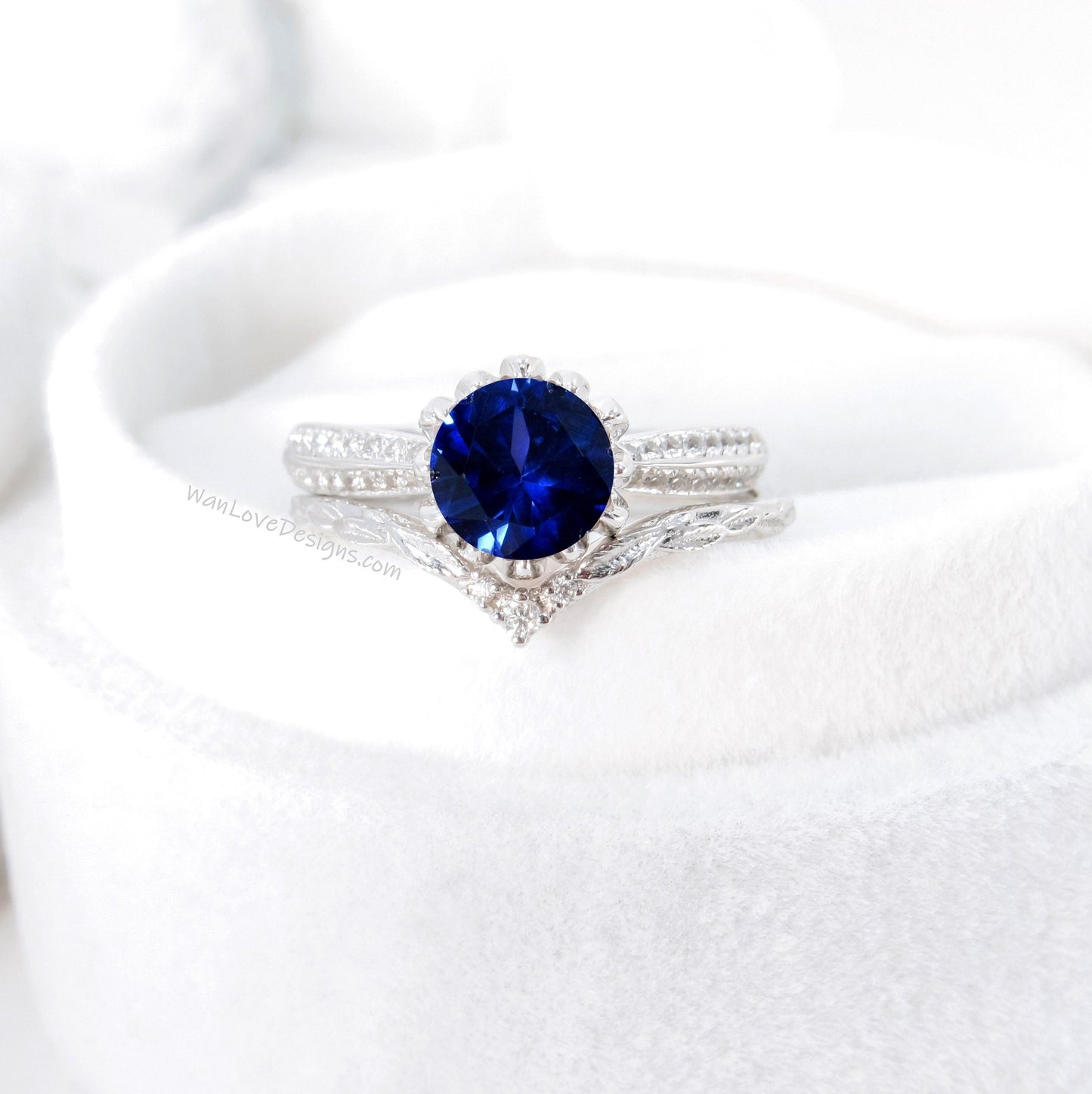 Lotus | 14K Gold Diamond Lotus Ring Set | Blue Sapphire Gold Flower Ring | Lotus Flower Ring Set | Curved Leaf Wedding Band | Bridal Gift Wan Love Designs
