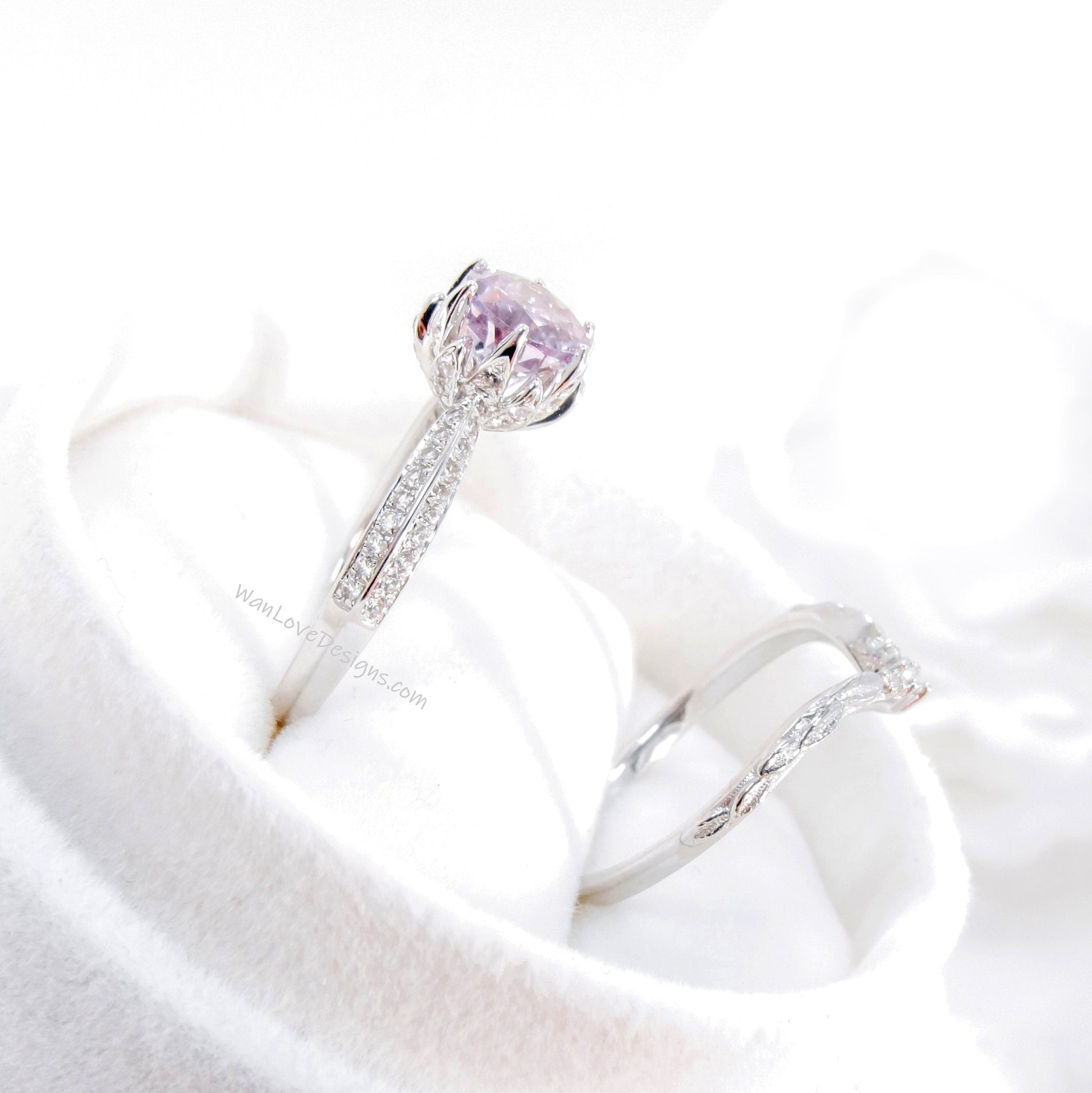Lotus | 14K Gold Diamond Lotus Ring Set | Blue Sapphire Gold Flower Ring | Lotus Flower Ring Set | Curved Leaf Wedding Band | Bridal Gift Wan Love Designs
