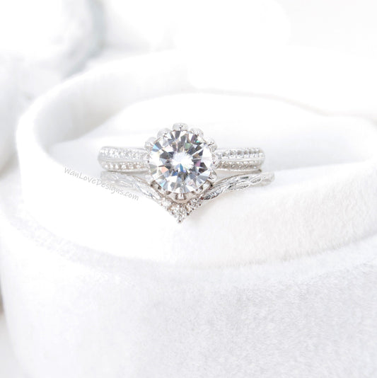 Lotus | 14K Gold Diamond Lotus Ring Set | IGI Diamond 14k Gold Flower Ring | Lotus Flower Ring Set | Curved Leaf Wedding Band | Bridal Gift Wan Love Designs