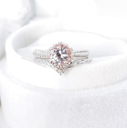 Lotus | 14K Gold Diamond Lotus Ring Set | Peach Sapphire 14k Flower Ring | Lotus Flower Ring Set | Curved Leaf Wedding Band | Bridal Gift Wan Love Designs
