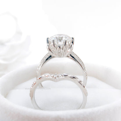 Lotus | 14K Gold Salt & Pepper Diamond Lotus Ring Set | 14k Flower Ring | Lotus Flower Ring Set | Curved Leaf Wedding Band | Bridal Gift Wan Love Designs