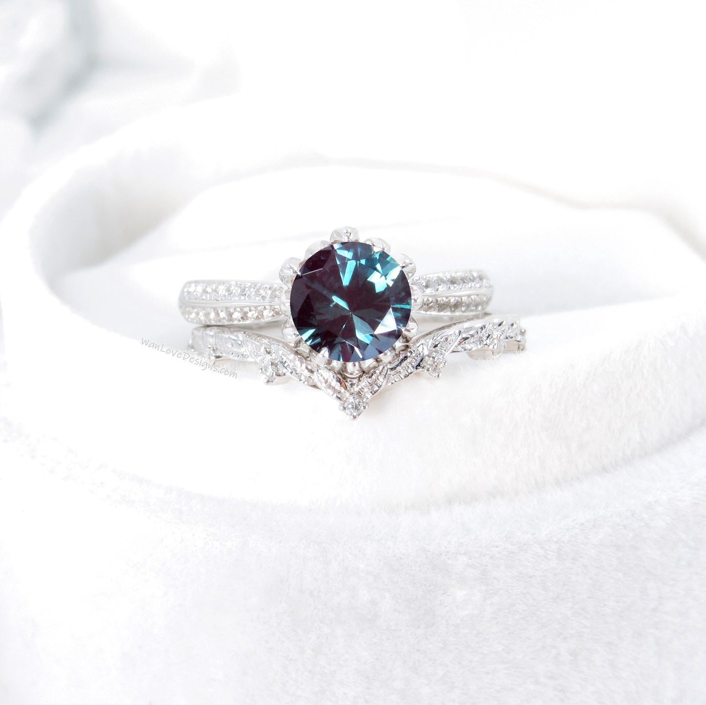 Lotus Alexandrite & diamond ring set, engagement ring and wedding band, leaves bridal ring set, diamond wedding ring, leaf engagement ring Wan Love Designs