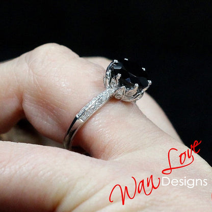 Lotus Flower Black Moissanite Diamond Engagement Ring vintage Round Lotus gold ring unique antique ring wedding bridal promise ring gift Wan Love Designs