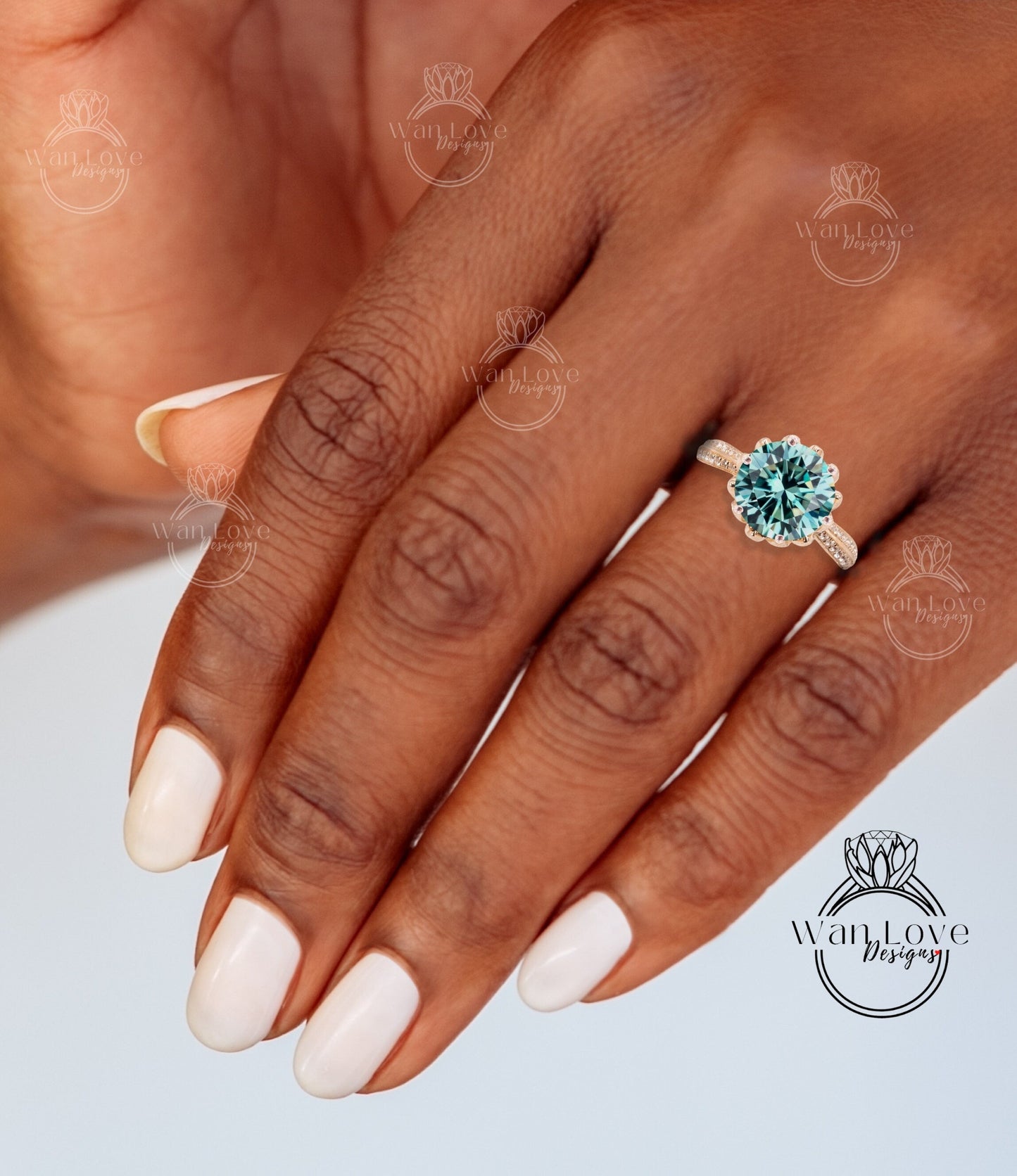 Lotus Flower Blue Moissanite Diamond Engagement Ring vintage Round Lotus rose gold ring unique antique ring wedding bridal promise ring gift Wan Love Designs