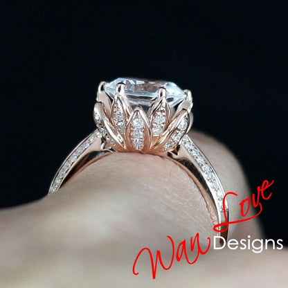 Lotus Flower Diamond & White Sapphire Engagement Ring, 2ct-8mm, 14k 18k White Yellow Rose Gold-Platinum-Custom made size-Wedding-Anniversary Wan Love Designs