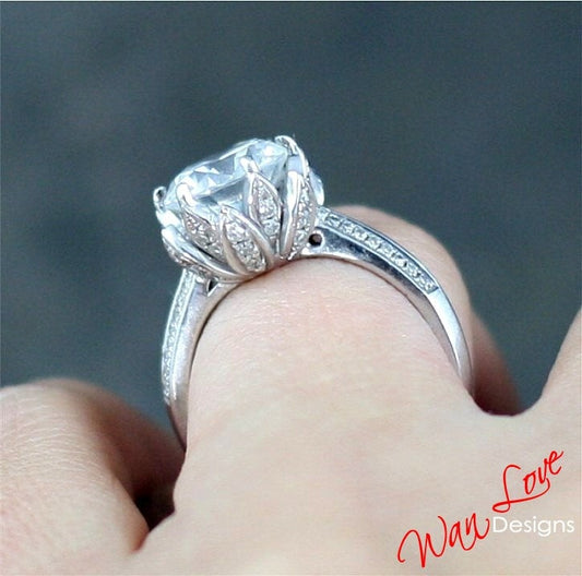 Lotus Flower Diamond & White Sapphire Engagement Ring, 2ct-8mm, 14k 18k White Yellow Rose Gold-Platinum-Custom made size-Wedding-Anniversary Wan Love Designs