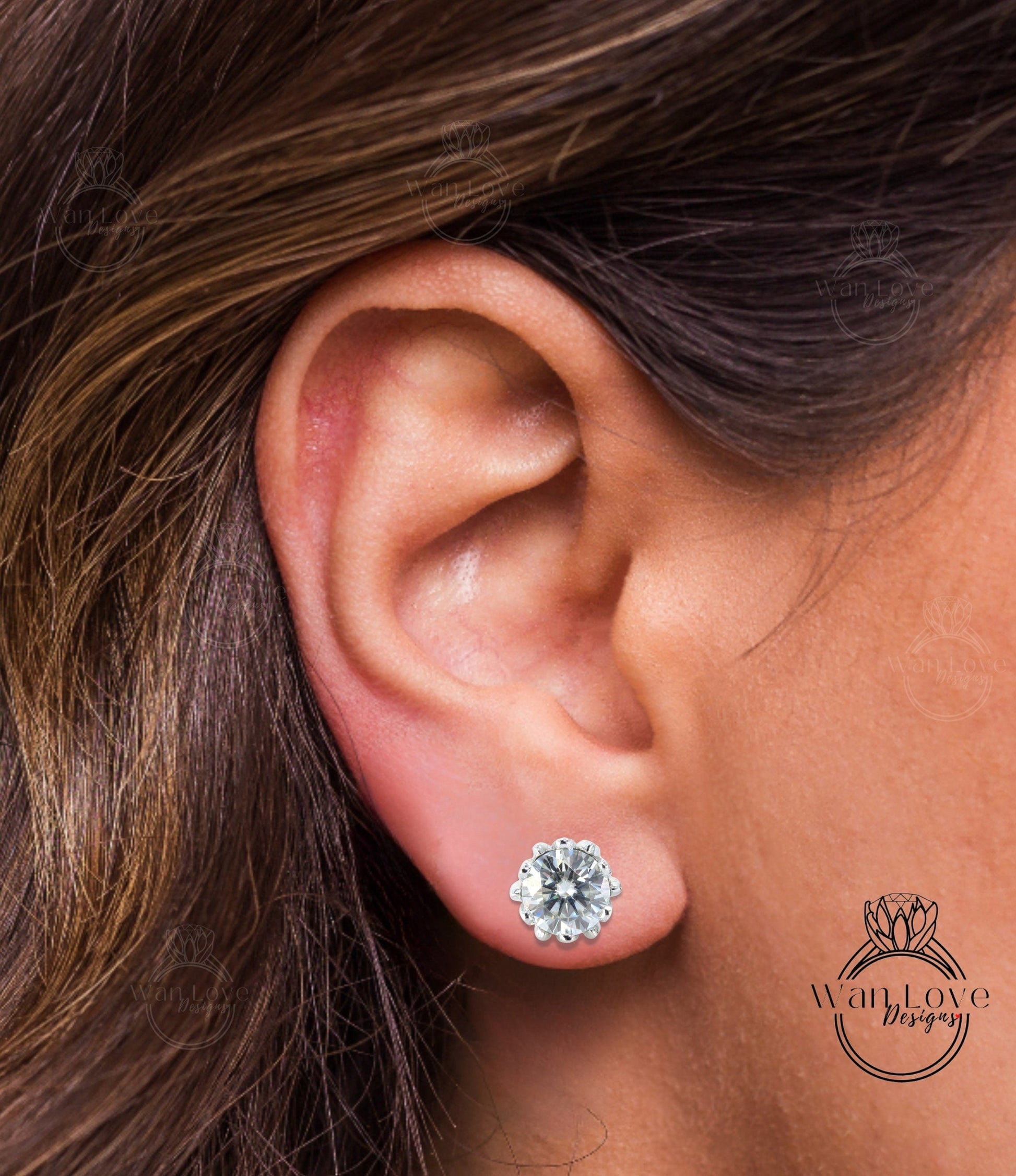 Lotus Flower Stud Earrings, 14k 18k Gold Stud Earrings, Diamond Flower Earrings, Birthstone Earrings, Moissanite Earrings, Floral Studs Wan Love Designs