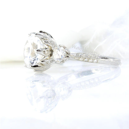 Lotus Flower White Sapphire Diamond Engagement Ring vintage Round 3 gem stone gold ring unique antique flower wedding bridal promise ring Wan Love Designs
