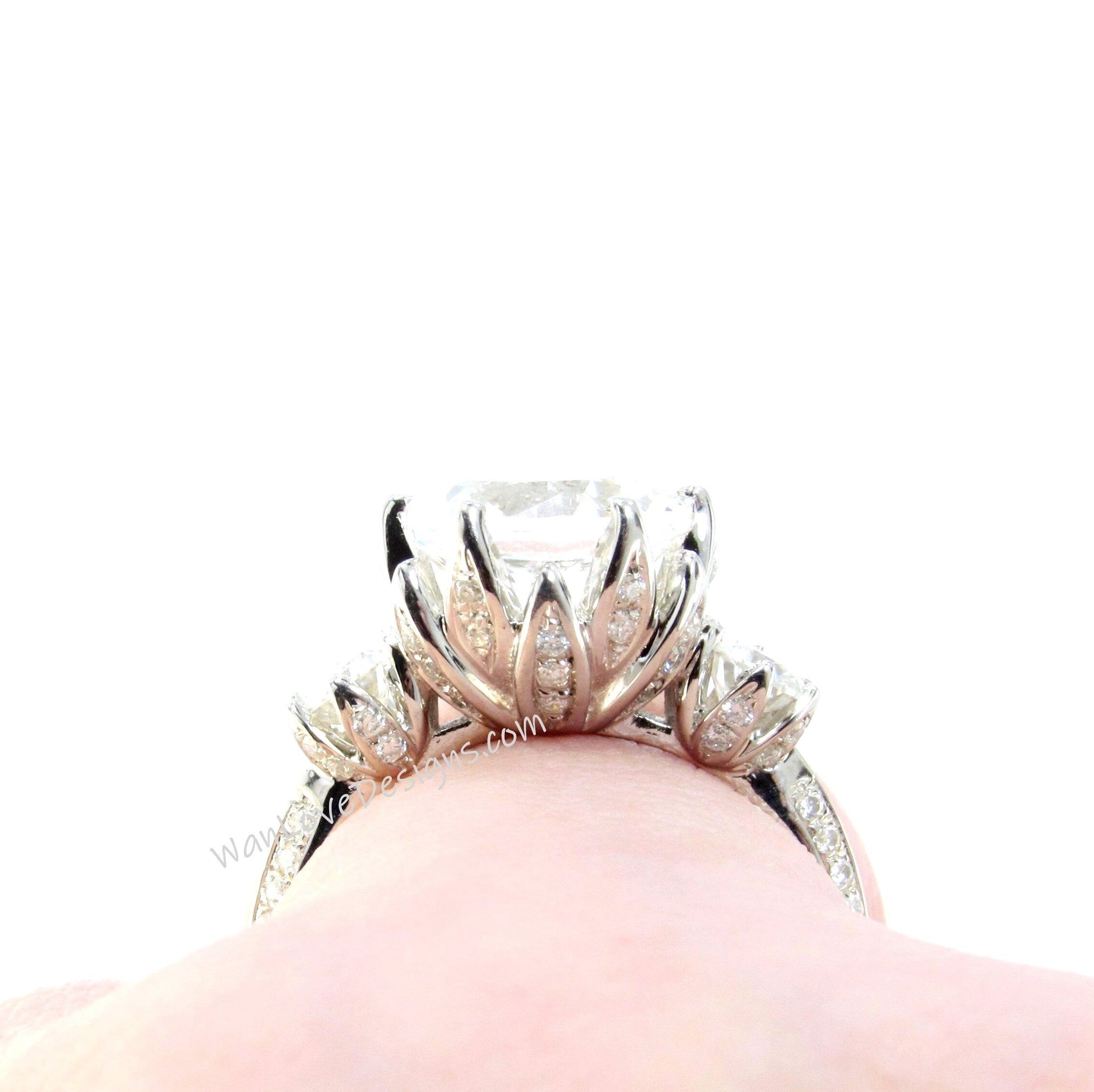 Lotus Flower White Sapphire Diamond Engagement Ring vintage Round 3 gem stone gold ring unique antique flower wedding bridal promise ring Wan Love Designs
