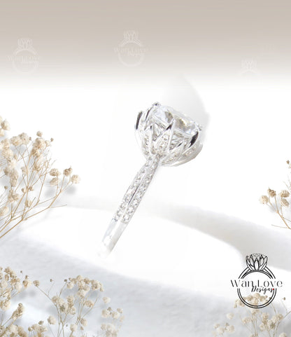Lotus Flower White Sapphire Diamond Engagement Ring vintage Round Lotus rose gold ring unique antique ring wedding bridal promise ring gift Wan Love Designs