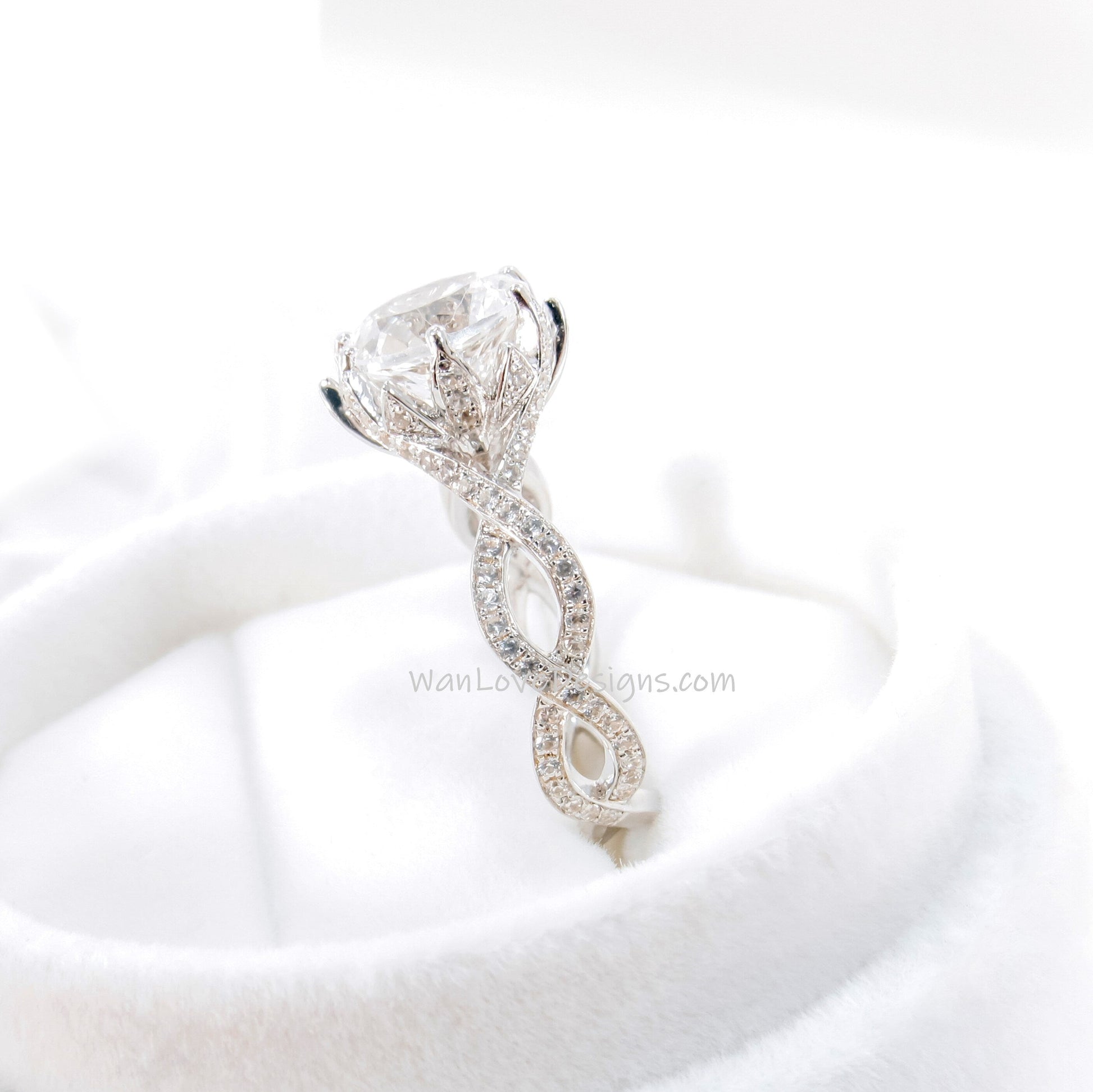 Lotus Flower White Sapphire Engagement Ring Infinity Split Shank Twisted Twist 3ct 9mm Round Wedding Anniversary Gift-Ready to ship Wan Love Designs