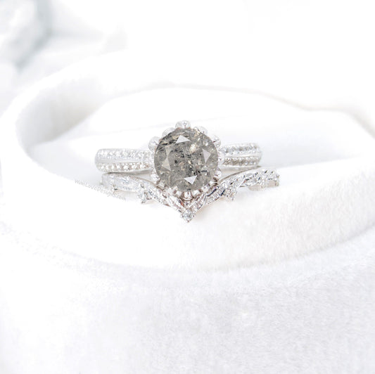 Lotus Salt & Pepper diamond ring set, engagement ring and wedding band, leaves bridal ring set, diamond wedding ring, flower engagement ring Wan Love Designs