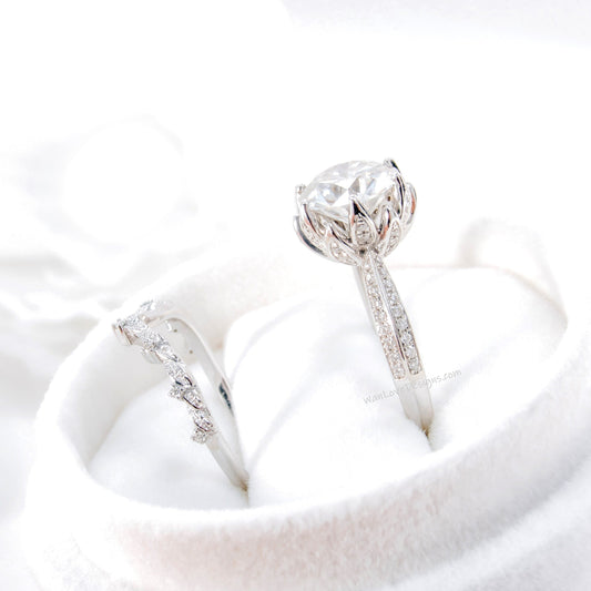Lotus White Sapphire & diamond ring set, engagement ring and wedding band, leaves bridal ring, diamond wedding ring, leaf engagement ring Wan Love Designs