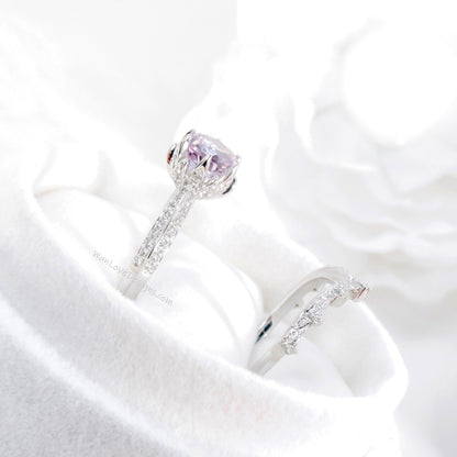 Lotus diamond ring set, engagement ring & wedding band, leaves bridal ring set, IGI cvd hpht lab diamond wedding ring, leaf engagement ring Wan Love Designs