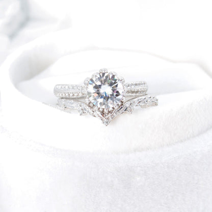 Lotus diamond ring set, engagement ring & wedding band, leaves bridal ring set, IGI cvd hpht lab diamond wedding ring, leaf engagement ring Wan Love Designs